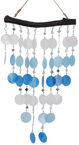 Muschel Mobile, Ethno Windspiel, maritimes Traumfänger, blau/weiß | Dekoratives Windspiel aus Bambus, Muschelplättchen, kleine Spiegelchen, handgefertigt, einzigartiges Design