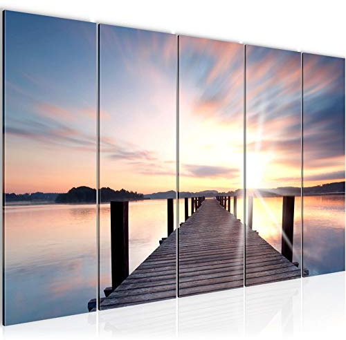 Runa Art Väggmålning XXL Bro Till Sjön 200 x 80 cm Rosa Beige 5 Delar - Made in Germany - 606955a