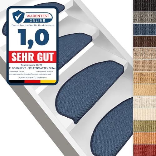 Floordirekt Sisal Stair Tread Mats 15 Pices, 100% Natural Fibre Carpet Stair Mats, Non-slip Adhesive Back Mats for Staircase, Stair Pads Sisal Stair (64 x 23.5 cm, Blue)