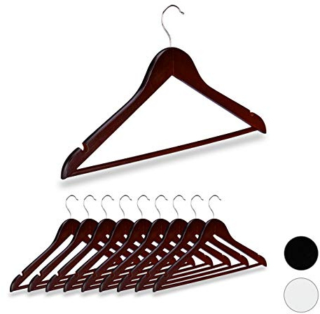 Relaxdays Kleiderbügel Holz, 10er Set, Kerben, Hosensteg, Garderobenbügel, 360° drehbarer Haken, 44,5 cm breit, braun