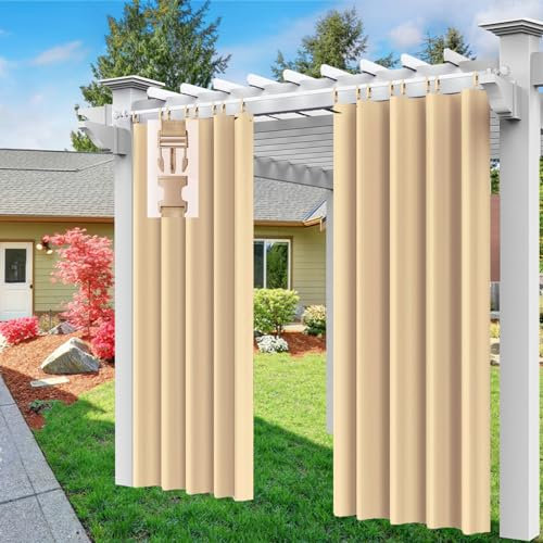 Comlax Outdoorvorhänge - Wasserdicht Outdoor Vorhang Balkon Terrasse Vorhängel UV Schutzmittel und Winddicht Vorhang, Balkon sichtschutz Vorhänge für Veranda/Pavillons 1 Stück, Beige 132x275cm