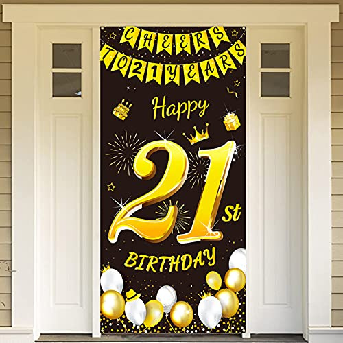 DPKOW Black Gold 21st Birthday Decoration for Boy Girl, Black Gold 21st Birthday Banner for Backdrop Door Decoration Garden Table Wall Decoration, 185 x 90cm Fabric