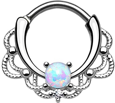 AMDXD Piercing Tragus Stecker 1.2MM, Edelstahl Septum Ring Silber Hohl Blumen, Lippen Ohr Nasen Piercingschmuck mit Opal Bunt für Damen, 1pcs