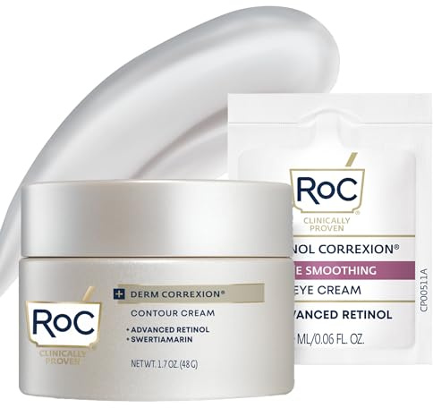 RoC Derm Correxion Neck Cream with Hyaluronic Acid + Advanced Retinol to visibly Tighten & Lift Horizontal Neck Lines, Facial Moisturizer to Contour Face (1.7 oz) with RoC Retinol Eye Packette