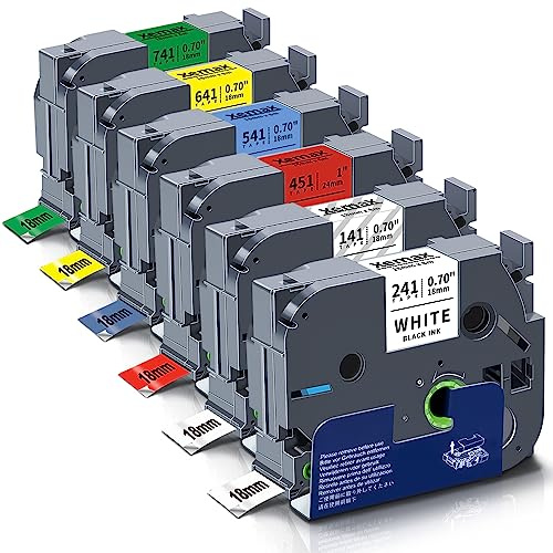 6x XemaX Kompatibel Schriftband für Brother P-touch Bänder 18mm TZe-241 TZe-141 TZe-441 TZe-541 TZe-641 TZe-741 für Brother PT-D400 P700 1830 D450 D410 E550W P750W, Weiß Transparent Rot Gelb Blau Grün