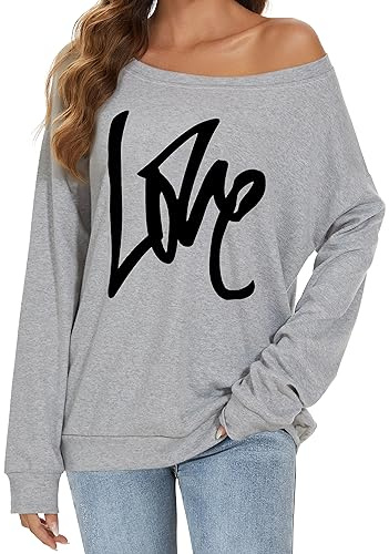 florynova Womens Off The Shoulder Sweatshirts Long Sleeve Tops Pullover Sweater Casual Loose Blouse Fall Fashion (A Grey, L)