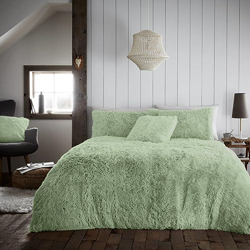 GC GAVENO CAVAILIA Teddy Fleece Duvet Cover Double, Cuddle Fluffy Bedding Set, 3Pcs Thermal Warm Quilt Covers, Sage Green