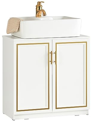 SoBuy BZR86-W Waschbeckenunterschrank Badschrank Waschtischunterschrank Waschtisch Badezimmerschrank Unterschrank Badmöbel Weiß+Gold BHT ca. 60x61x30cm