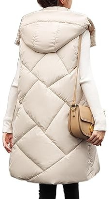 QLXYYFC Lång Dunväst för Kvinnor med Luva, Varm Lång Väst, Enfärgad, Ärmlös, Vadderad Väst, Lätt Vinterjacka, Vinterväst, Dunjacka (Color : Beige, Size : L)