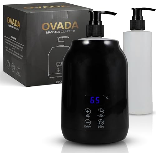 Massageöl Wärmer | Externe Kunststoff Flasche (2x) | Für Massageöl und ätherische Öle | Einstellbare Temperatur (30-65 Grad) | Massage Wellness Wohlfühlen | Stilvoller Erwärmer (Schwarz)