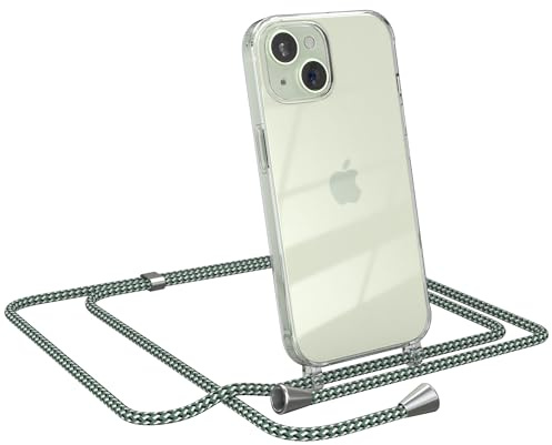 EAZY CASE Handykette kompatibel mit iPhone 15 Handyhülle mit Umhängeband, Handykordel Schutzhülle, Silikonhülle, Hülle mit Band, Stylische Kette für Smartphones, Hell Grün Camouflage - Clips Silber