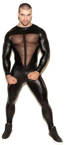 Rvlaugoaa Tuta Intera in Pelle Pizzo da Uomo,Nero Maniche Lunghe Cerniera Bodysuit,Tutine e Body in Lattice,Jumpsuit Wetlook Catsuit (M)