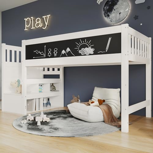 Moimhear Cama alta para niños con pizarra blanca y pizarra, almacenamiento y protección anticaídas, 90 x 200 cm, color blanco