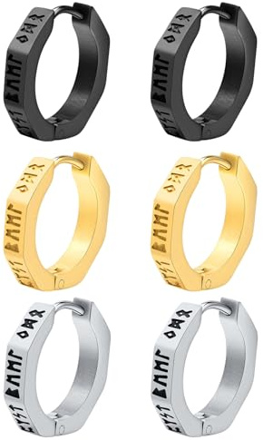 Flongo Herren Wikinger Creolen Ohrringe: schwarz silber gold Ohrstecker Edelstahl Norwegische Viking Runen punk Amulett Geometrische earrings Schmuck Geschenk für Männer Damen Frauen