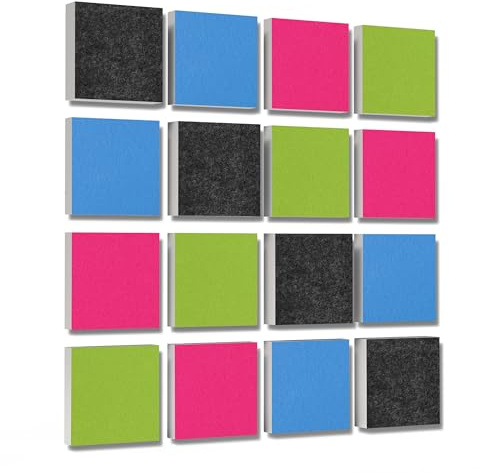 platino24 Akustikpaneele 16 Elemente 3D-Set Colore Quadrat 27,5 x 27,5 cm Multicolore I Schallabsorber aus Basotect G+ mit Akustikfilz I Schalldämmung Wand & Decke I Akustikelemente Wandpaneel