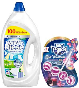 Weißer Riese Universal Gel (100 Waschladungen), Vollwaschmittel sorgt für strahlend saubere Wäsche & WC-Frisch Spa Momente Harmonie Toilettenstein (1x 50g), WC Duftspüler, 1er Pack