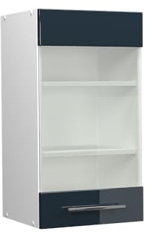 Vicco Küchenglasschrank Fame-Line, Dunkelblau Hochglanz, 40 cm | MDF-Front · Soft-Close · Tiefe – 34,1 cm · Metallgriffe · ✓ Frei kombinierbar