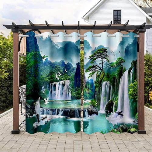 Hiseng Outdoor Vorhang Wetterfest mit Ösen 2 Stück Balkon Outdoorvorhänge Wasserdicht Blickdicht Vorhang Outdoor Sichtschutz Vorhänge für Garten Terrasse -3D Wald (137x243cm,Wasserfall)