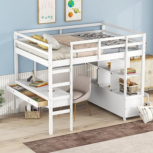 Sapgaks Lit mezzanine pour enfant 140 x 200 cm avec tiroirs de rangement et bureau sous le lit, blanc (matelas non inclus)