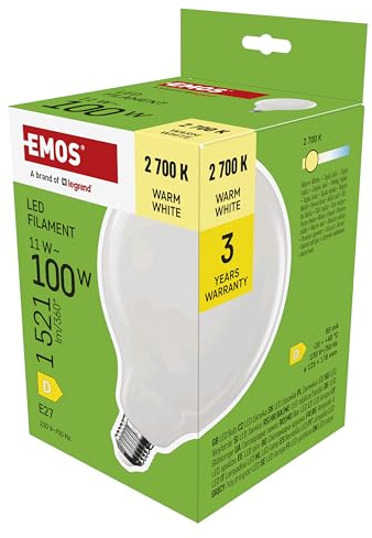 EMOS LED Lampe Edison G125, 11W Ersatz für 100W Glühbirne, milchige Glühlampe Globus mit E27 Sockel und Helligkeit 1521 lm, Warmweiß 2700 K, 25000 Stunden Lebensdauer, CRI > 80, 360° Abstrahlwinkel