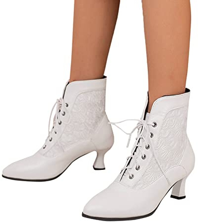Stiefeletten Damen Vintage Viktorianische Stiefel Schnüren Schnürsenkel Steampunk Ankle Stiefel Mit Absatz Weiß 40