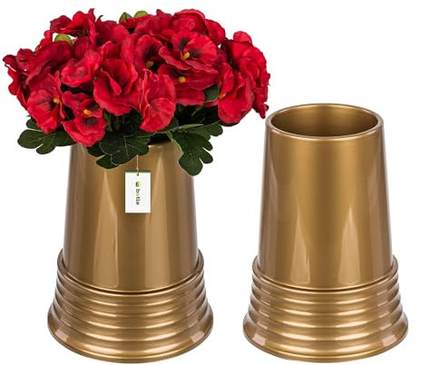 2 vasi da cimitero a forma di cono, per tomba, decorazione per tomba, vaso per fiori, altezza 24 cm, diametro 11 cm, composizione dorata, per fiori vivi e artificiali