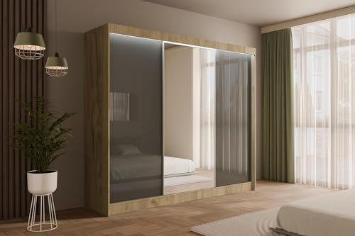ALTDECOR Kleiderschrank mit Spiegel und Schiebetüren, kugelgelagerte Führungsschienen und Aluminium-Leisten, LED-Beleuchtung (16 Farben) und Fernbedienung - VESLI - 250cm Eiche Craft/Lacobel Grau