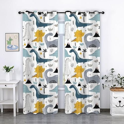 ZZTBQ Cute Cartoon Dinosaur Blackout Curtains - Door Curtain 84 Inch Drop Thermal Room Divider for Living Room Sliding Glass Door Home Decor Window Covering, W52 inch x L84 inch, 2 panels