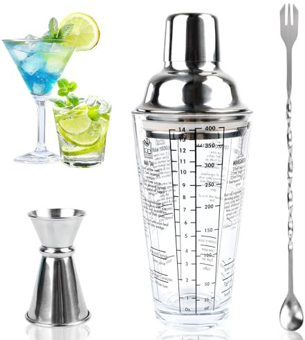 Cocktail Set 400 ml, Cocktail Shaker Edelstahl Cocktail Shaker Mixer Eingebautes Barkeeper Sieb mit Messbecher 15/30 ml Trinkbar-Set Zubehör für Bar, Startseite, Partei