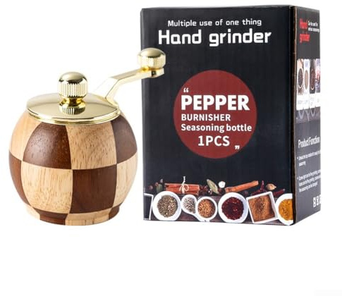 Wooden Salt and Pepper Grinder Set Chessboard Design Hand Cranked Seasoning Mill Kitchen Solid Wood Spice Container with Adjustable Coarseness for Cooking Home Restaurant(Individual)