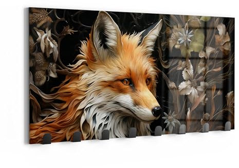 DEQOART Wandgarderobe Glas & Metall | Motiv Fuchs im Blütenmeer | 60x30 cm | Design Haken-Leiste modern | Garderoben-Paneel für Flur, Wohnzimmer & Schlafzimmer | magnetisch & beschreibbar