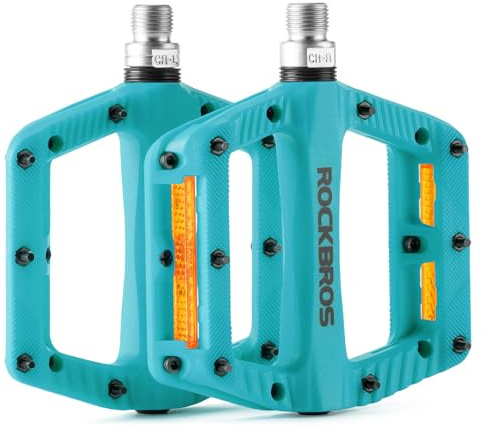 ROCKBROS Pédales Plates, Pédales de Vélo Anti-Dérapantes avec Picots en Acier et Bandes Réfléchissantes en Nylon Léger pour VTT, Vélo Electrique et Gravel