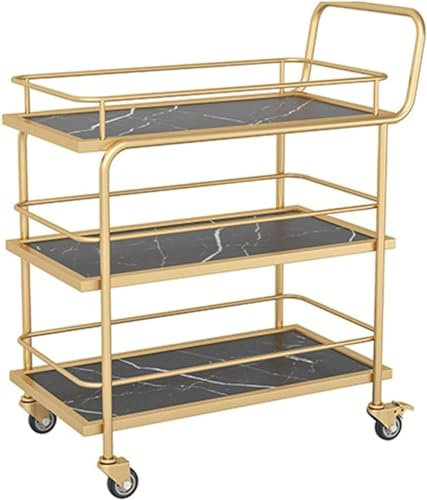 HUIBBGO Goldener Barwagen mit feststellbaren Rollen und Weinglashalter, Mehrzweck-Servierwagen für Zuhause, Küchenaufbewahrungswagen aus Holz und Metall
