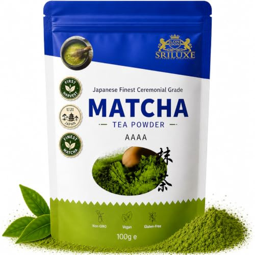 SRILUXE - Ceremonial Matcha Green Tea Powder - Premium Grade-100g. Produced in Japan, Uji, Kyoto. Use for Drinking, Cooking, Baking, Smoothie Making and with Milk. Vegan & Vegetarian Friendly (AAAA)