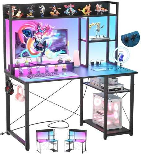 iSunirm Bureau Gaming,Petit Table Ordinateur Forme Etagères Rangements,Ports USB,Bureaux à Domicile LED et Rangement pour Domicile,Chambre,147x120cm,Noir
