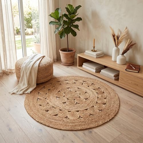 Maya Round Rug, 100% Natural Jute, Artistic Hand Woven Circular Round Rugs for Kitchen, Living Room, Bedroom, Bathroom, Farmhouse - 100cm Round, 100cm x 100cm