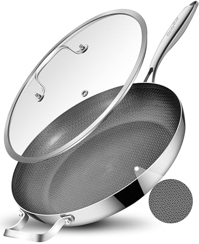 Bzayeat 12 Inch Non-Stick Ceramic Stainless Steel Frying Pan - With Lid & Helper Handle, Induction Compatible Skillet, Dishwasher & Oven Safe Up to 600°F, Detachable Handle, Perfect for 4 People