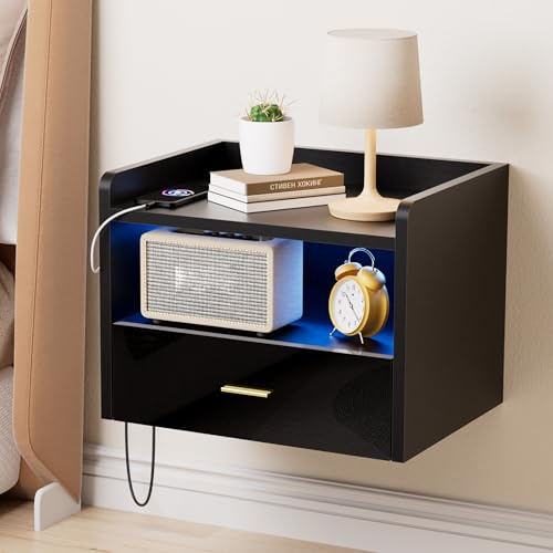 Ztexkee Hängender Nachttisch mit Steckdose Nachtschrank hängend mit RGB LED Lichtleiste und 1 Schublade für Schlafzimmer, Wohnzimmer Schwarz