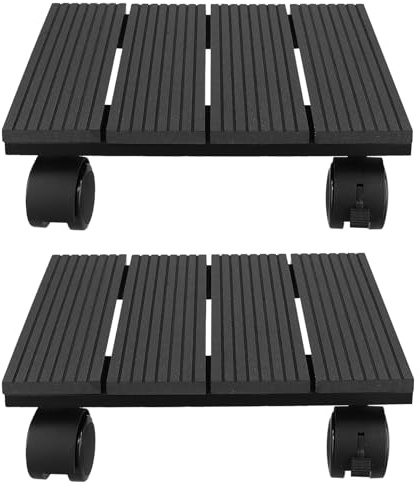 CHUENKUK 2 Stück Pflanzenroller Eckig, 30 x 30 x 7,5cm Schwarz Pflanzenroller, Wetterfester Blumentopf Untersetzer mit Rollen für Garten, Terrasse