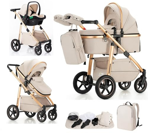Lnhcrbs Kinderwagen 3 in 1, Kinderwagen & Buggys mit Autositz mit verstellbarem Griff, Wandelbare Kinderwagen und Buggys, für 22 kg, 0-4 Jahre（Beige）
