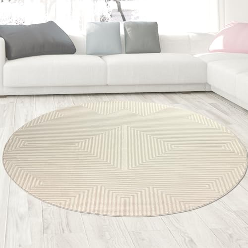 CARPETIA Teppich Rund Geometrisches Muster Creme mit Glanzeffekt Ø 200 cm | Weich, pflegeleicht, schmutzabweisend und strapazierfähig, seitlich gekettelt, OEKO-TEX geprüft, für Fußbodenheizung