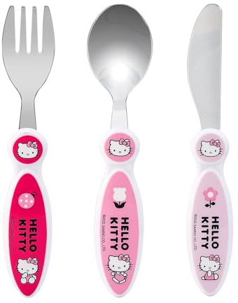 Hello Kitty Children's Kids 3pcs Cutlery Set - Knife/Fork/Spoon | Child-Friendly Stainless Steel Flatware Set, BPA-free, food-Safe Material Children's Travel Cutlery Set | Non-Slip & Reusable