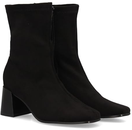 97729 Bota calcetin de cana media con acabado elastico y diseno minimalista. Punta cuadrada, cierre de cremallera, ajuste comodo y estilizado. Ideal para mujer temporada otono invierno. Negro Talla 41
