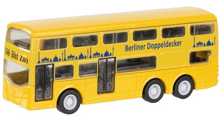 Idena 40392 – Berliner dubbeldäckare buss i gult, ca 13 x 10 x 4 cm, modellbil av metall med frihjul, som leksaksbil, souvenir eller samlarobjekt