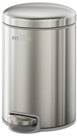 mVm Poubelle Cuisine 12L, Poubelle Salle de Bain, Acier Inoxydable, Argent | Anti-traces de doigts, Fermeture Douce et Maintien en Ouverture, Seau Intérieur Amovible, Idéale pour toilette wc et Bureau