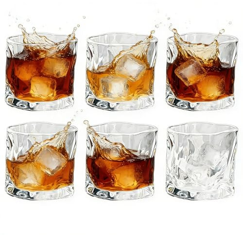 PORFOYO Ovanliga Whiskyglas 6-pack 200ml - Whiskeyglas Med Vikta Veck - Dricksglas För Scotch/Cocktail/Longdrink/Tee - Diskmaskinbeständigt Kristallglas (Transparent)