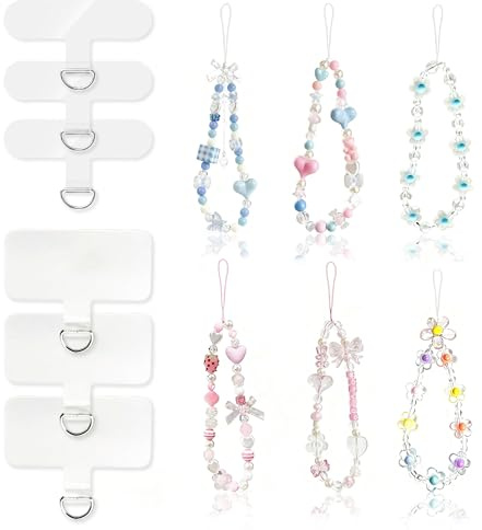 YinnFeen Dragonne de Téléphone en Perles, 6 Pièces Chaine De Telephone Perles avec Patchs Universels, Bijoux Laniere Cordon Telephone Portable Bracelet Pendentifs pour Telephones Clés Caméra