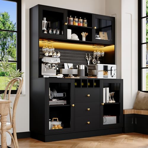 DRIXNO Hochschrank, Küchenschrank mit LED Beleuchtung, Buffetschrank mit Schubladen, Verstellbaren Ablagen, Esszimmerschrank, Seitenschrank mit Weinregal und Kippsicherung, 140x40x185.7 cm, Schwarz
