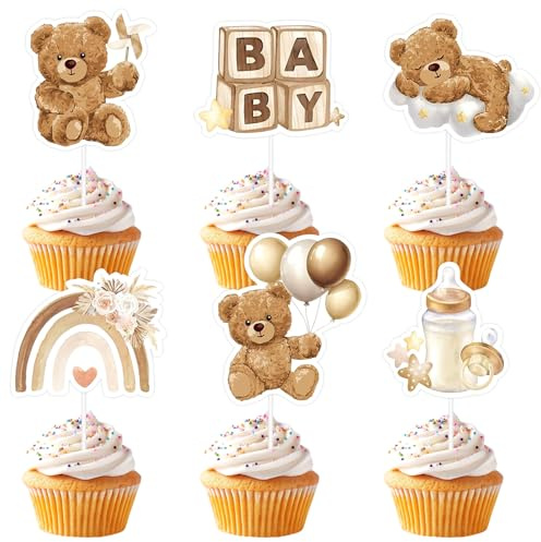 Simsky 36 Stück Cupcake Topper, Baby Party Deko Teddybär-Kuchendekoration mit Bären Design TortendekoBär für Taufe, Gender Reveal, Geburtstagsfeier, Babyparty