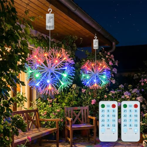2PCS Hanging Waterproof Fireworks Lights-Battery Powered Garden Lights ,Waterproof Firework Lights with 8 Lighting Modes– Multi Colour LED Garden Ornaments for Yard, Patio –Decorative Garden Lights